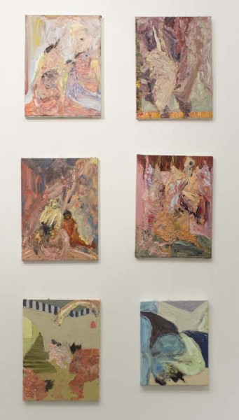 Exhibition view of six abstract paintings made with earth-like colors, including green, brown, maroon, red, etc.