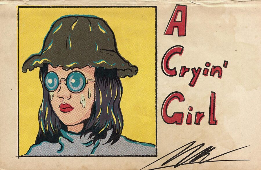 Ink illustration of a girl in a bucket hat and glasses with the text 