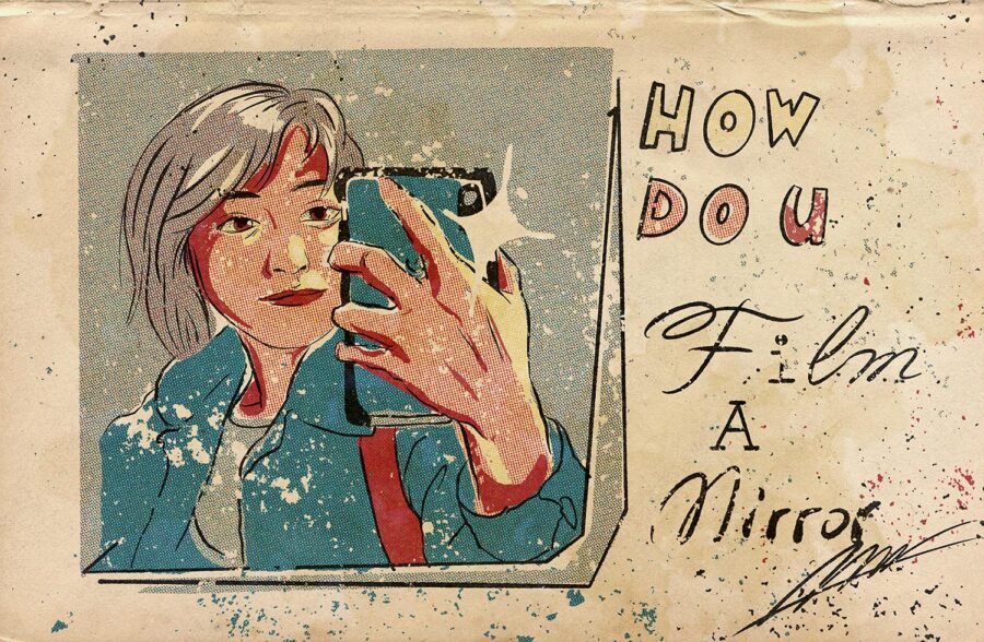 Ink drawing on brown paper of a woman taking a selfie with the text, "how do u film a mirror"