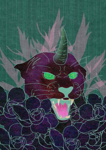 Detail of a purple lion with a horn in a front of green background.