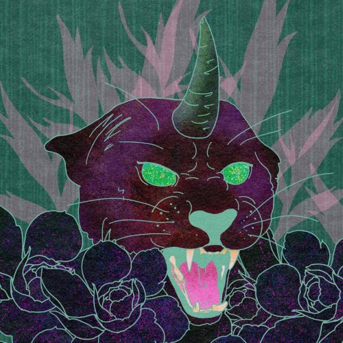 Detail of a purple lion with a horn in a front of green background.