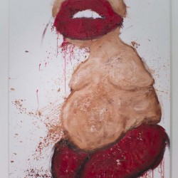 A grotesque portrait painting of a body without arms, red pants, and a huge exaggerated mouth with red lips, and the top lip is a little bit lifted to reveal bright white teeth