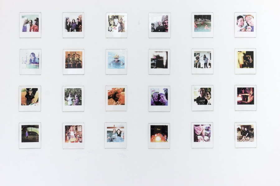 An array of Polaroid paper prints photographs of different moments.
