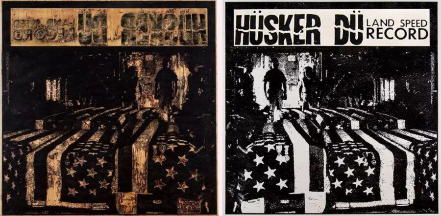 Artwork by Nils Karsten. The photo shows a woodcut and the paper print side-by-side. The work is titled, Land Speed Record, Hüsker Dü. Dimensions 6 x 6'