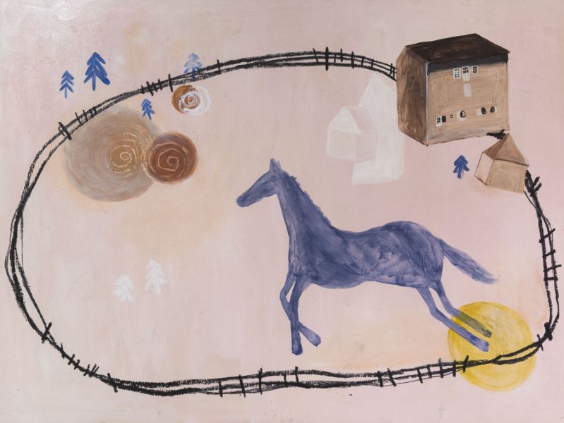 Painting on a pink background with a navy blue horse with a black fence around it and yellow and blue background accents, to the right above the horse are two houses, one is big and one is smaller