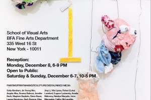 An advertisement for OPEN STUDIOS at School of Visual Arts, BFA Fine Arts Department, 335 West 16 St, New York - 10011. Monday, December 8, 6-9pm; open to public: Saturday & Sunday, December 6-7, 10-5pm. The poster shows sculptures made of green, blue orange and pink fabrics and organic materials on a white background.