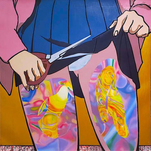 A painting of a woman holding up her skirt while she cuts it with scissors, revealing psychedelic legs.