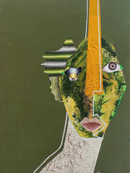 Green painting with a green collaged face and an orange vertical stripe.
