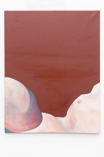 Painting of human body parts in the bottom part of the frame, with a visible nipple and other curved shaped, painted on a  simple maroon background