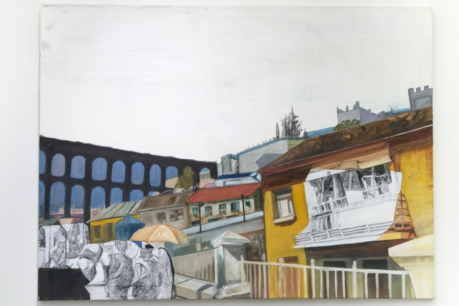 A painting illustrating yellow, grey, and white buildings, a tall black structure, people walking down the street and for some people are drawn with graphite on white paper overlapped on the painting, and the closest yellow house has the balcony drawn with graphite on white paper overlapped on the painting