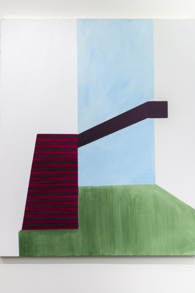 Minimalist painting with a black staircase with red lines, mounted on the left white wall, in the back is a blue wall, but at the end of the stairs its another white wall, and the floor is green