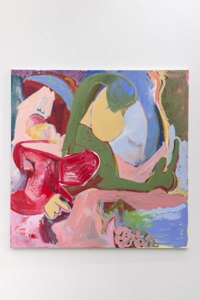 Abstract painting with large shapes with rounded and curved lines, in red, blue, green, yellow, and pink