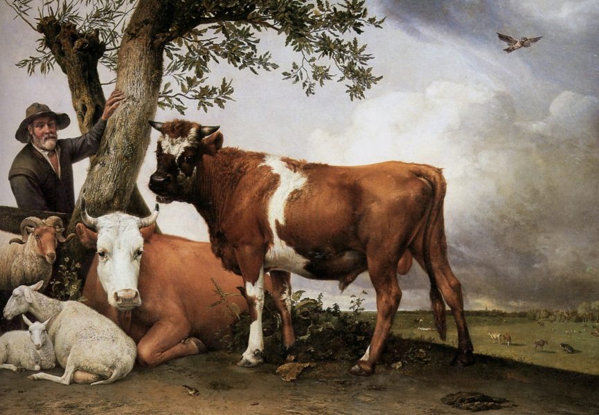 A Paulus Potter painting showing a man, two trees, and several livestock overlooking a field.