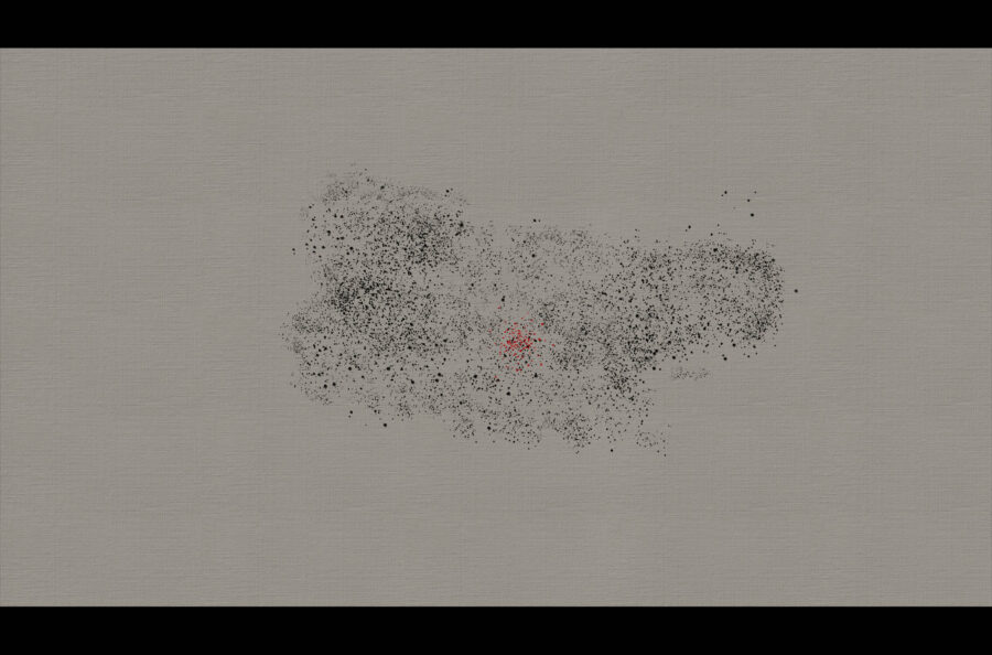 Digital painting featuring dots of black and red stippled on a gray tone surface representing birds