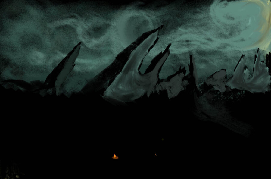 Digital painting of a small camp fire lit among a chaotic dark green surrounding