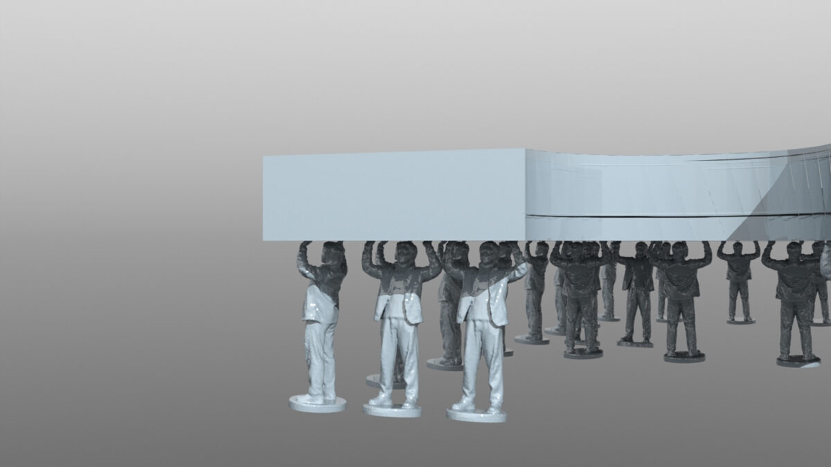 A 3D rendering showing thick slabs that interlock like a jigsaw puzzle held up by human figures in modern clothing.