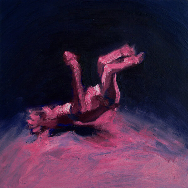 A painting of a figure dancing, seemingly falling onto their back or perhaps kicking up from the floor, rendered in brilliant shades of pink on a deep blue ground.