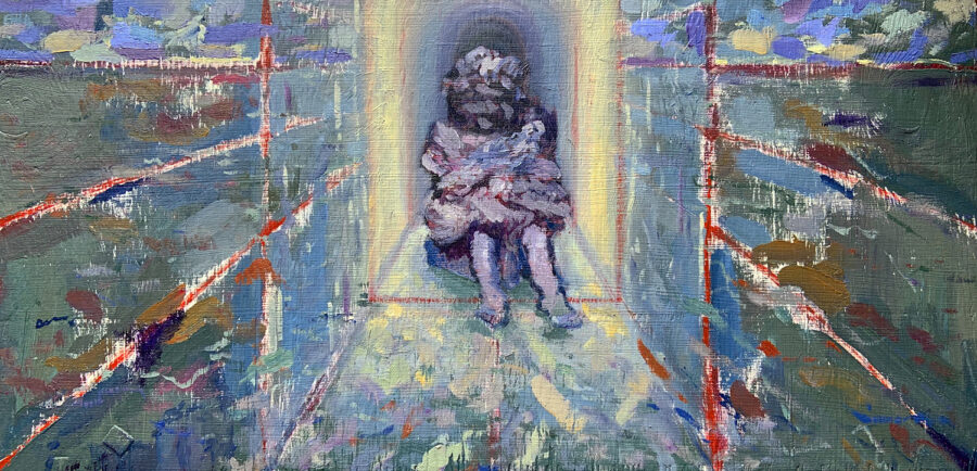A small painting of a child in the top center of the image with red marks suggesting a vanishing point behind the child's head.
