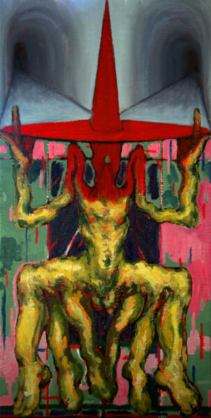 A humanoid figure in yellow with six legs and distorted proportions wears a bright red, wide-brimmed, conical hat in front of two gray tunnels that diverge to the left and right.