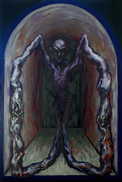 A humanoid figure stands, facing forward, in a small room with a vaulted ceiling. The persons arms and legs seem to blend together, forming a loop on each side the their body.