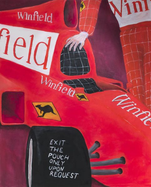 A painting represents a red Formula 1 car with its driver beside, visible only with his hand on the car and a part of his feet. The vehicle has Winfield logos over it, and only a wheel is visible. On the wheel is this text: Exit the pouch only upon request