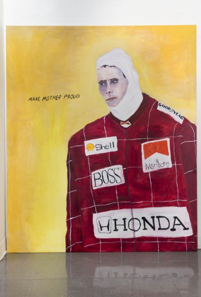 A painting of a Formula 1 driver in a red racing suit with white stripes forming big squares. The suit has the Shell logo, Marlboro, Boss, and honda on his chest. He has a white hood on his head, and there is a yellow backdrop behind him. on the yellow background is a writing "Make mother proud"