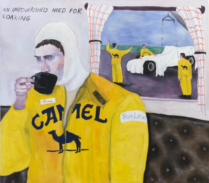 Watercolor painting with a Formula 1 driver dressed in his Camel suit in yellow color, it has the Camel word and a figure of a camel on his chest, he has a white hood on his head, and he drinks coffee from a black mug with his left hand. He's in a room with a black floor and a big window with curtains opened, and out the windows is his team of three people preparing the car, which is covered with a white fabric. On the wall next to the windows is a text: An impoverished need for coaxing.