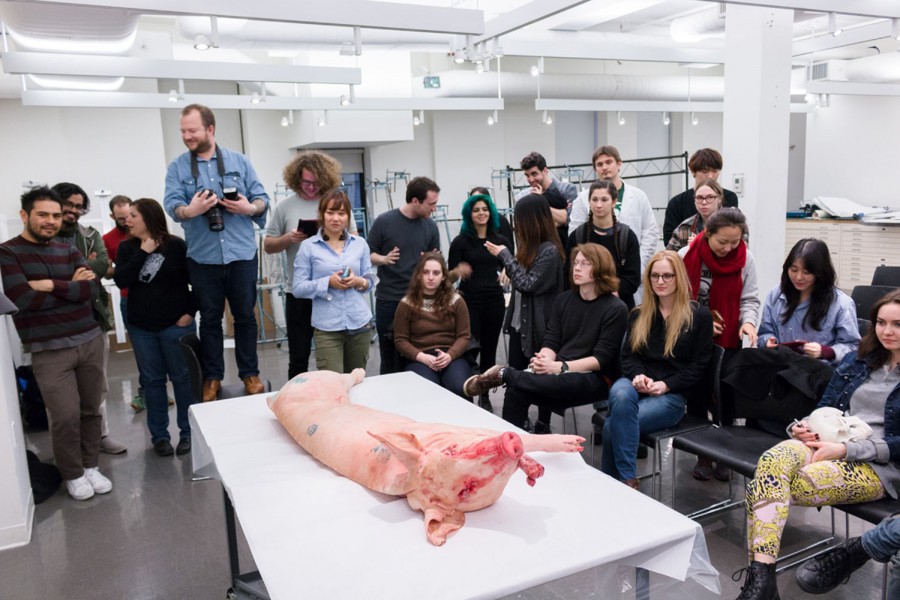 The public looks at the table with a pig right before it is cut into pieces