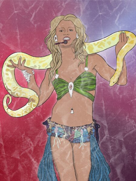 A digital drawing of Britney Spears iconic performance of Slave 4 U. She’s holding a large yellow snake.