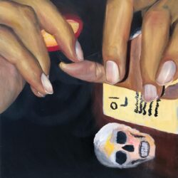 Painting of close-up detail of two hands with nails painting on white and a small skull on the bottom