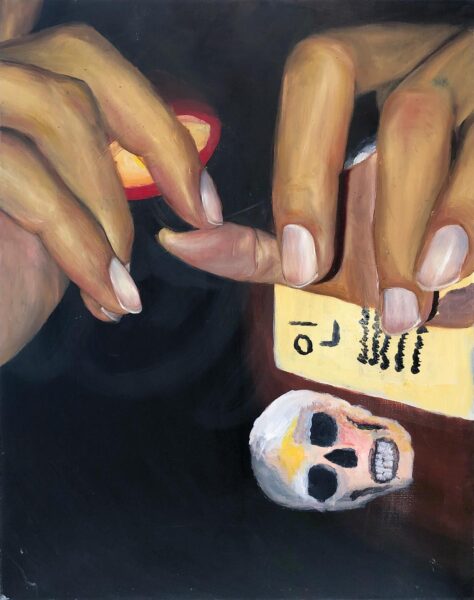 Painting of close-up detail of two hands with nails painting on white and a small skull on the bottom