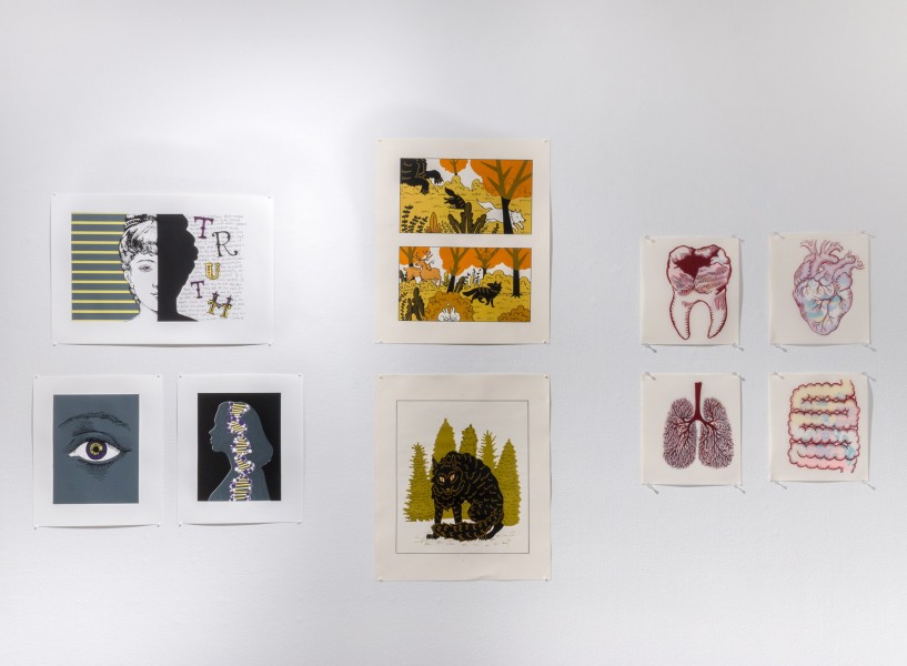 The grid view of the paintings represents body parts, autumn, a cat, and human organs.