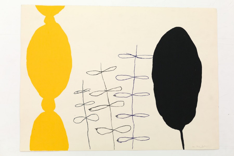A print by Tono Carbajo. Two abstract shapes printed with yellow and black paint.