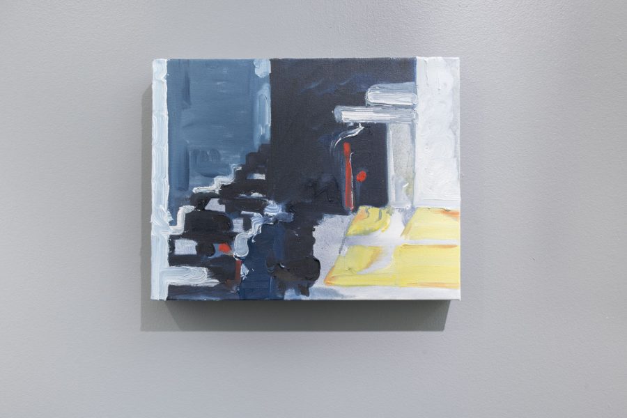 Small rectangular painting that looks like cars stuck in traffic, the painting is mainly white, blue, black, and gray with some red and yellow accents