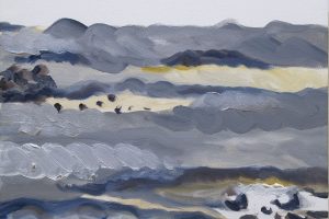 Abstract painting that vaguely resembles gray and blue ocean waves, with some tan and yellow ochre accents