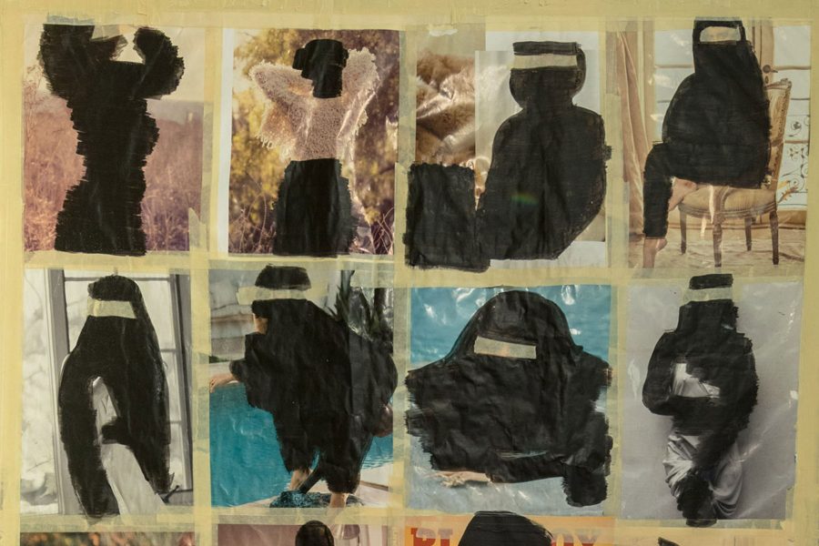 A detail of a collage by Razan Al Sarraff showing a series of figures wearing a burka.
