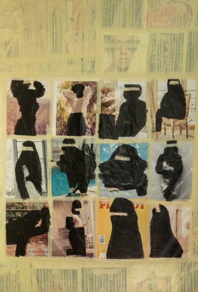 A collage by Razan Al Sarraff showing a series of figures wearing a burka.