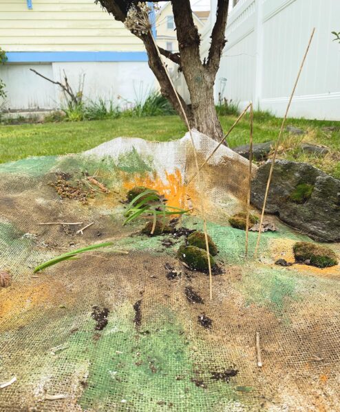 An artwork by Sharon Reitz titled "Feeling Content" consisted of a painting on burlap with live moss and plants. The burlap is installed on a backyard lawn.