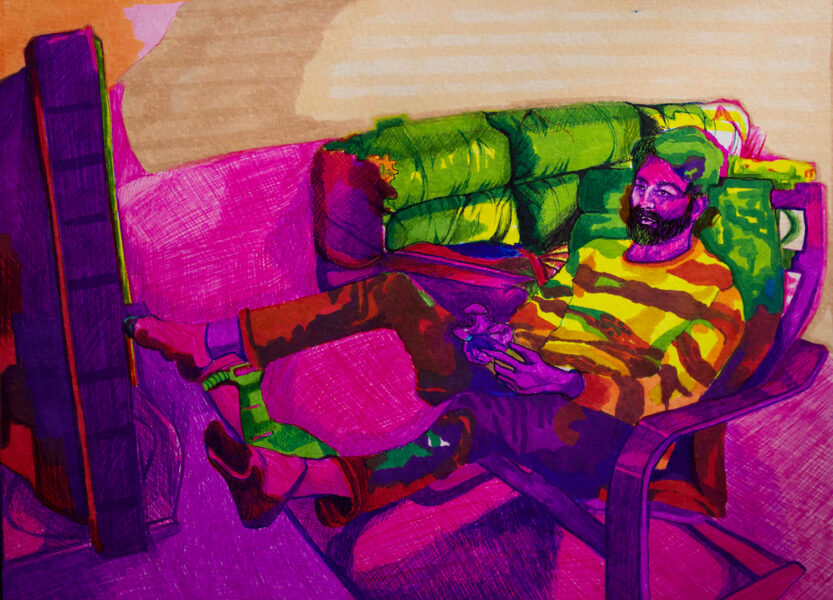A colorful painting of a bearded person in a striped shirt reclining on an Ikea lounge chair, possibly playing a video game on a flat screen television on the left side of the picture plane.