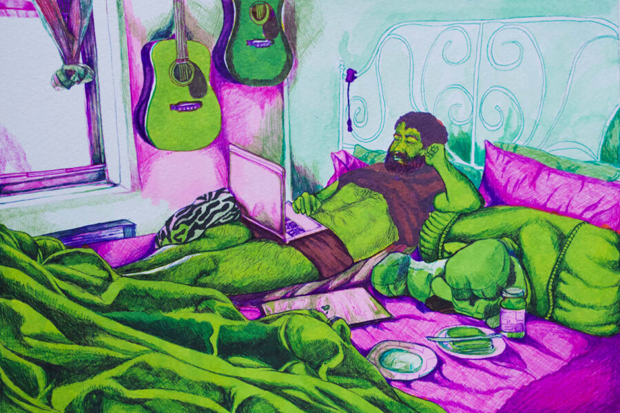 A bearded person reclines on a bed with a laptop balanced over his groin. He wears shorts and a t-shirt pushed up to reveal a muscular torso. There is food on the bed and two guitars hang on a wall in the background.