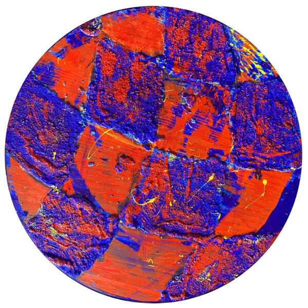 A painting by Ryan Cosbert. The painting is set on a circular wooden panel with acrylic paint in bright orange and blue colors with swirls of yellow paint across the surface.