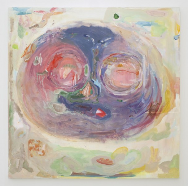 Pastel-colored painting with a abstracted face-like shape with large rounded eyes, nose and mouth