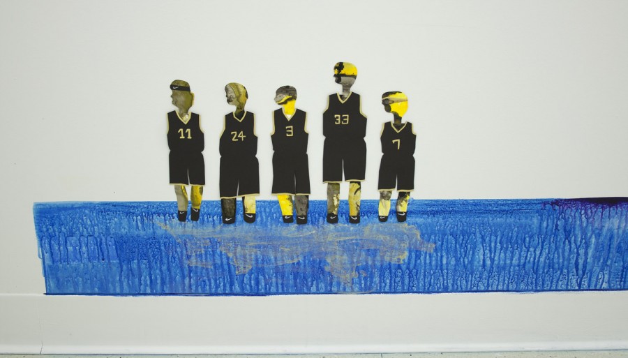 Blue paint strip on white background looking like water with five human figures with black jerseys with numbers and black short pants, with their reflection on the blue stripe of water.