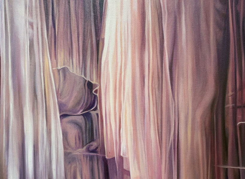 A painting by So Young Park showing hanging white drapes painted in pink, purple, and reddish tones. 
