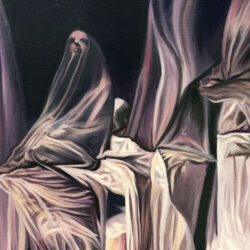 A painting by So Young Park showing a veiled figure crouched on draped fabric in white, pink, and purple tones against a dark background.