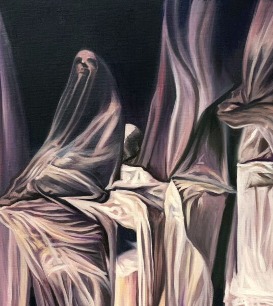 A painting by So Young Park showing a veiled figure crouched on draped fabric in white, pink, and purple tones against a dark background.