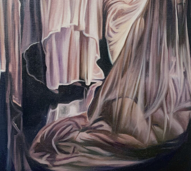 A painting by So Young Park of a kneeling figure shrouded in a white veil with white drapes in the background surrounded by a dark void. 