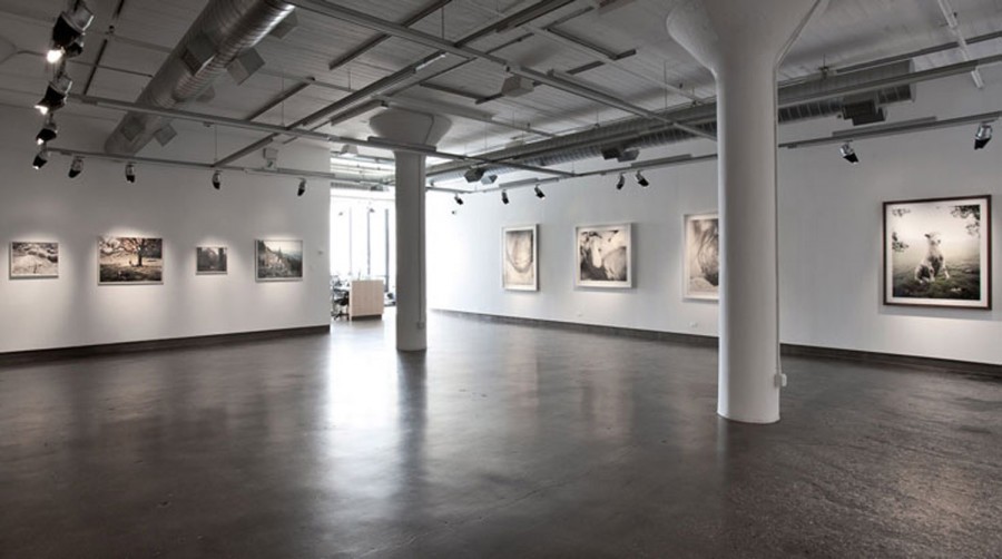 Exhibition view of prints in black and white with the room empty
