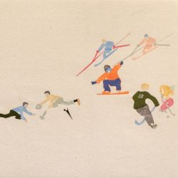 An embroidery illustrates people practicing sports. Two people on the left side are playing with a ball. One is dressed in a blue shirt and black pants. The other is dressed in an orange shirt and grey pants. In the middle is a man snowboarding, dressed in an orange coat and blue pants, and the snowboard is orange. On the right side are two people playing hockey, one outfitted with a green shirt and no. 18 on the back and grey pants. The other is in an orange shirt and pink pants. On the top are two people skiing, one dressed all in blue, and the other in orange