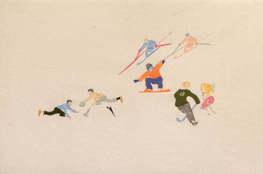 An embroidery illustrates people practicing sports. Two people on the left side are playing with a ball. One is dressed in a blue shirt and black pants. The other is dressed in an orange shirt and grey pants. In the middle is a man snowboarding, dressed in an orange coat and blue pants, and the snowboard is orange. On the right side are two people playing hockey, one outfitted with a green shirt and no. 18 on the back and grey pants. The other is in an orange shirt and pink pants. On the top are two people skiing, one dressed all in blue, and the other in orange